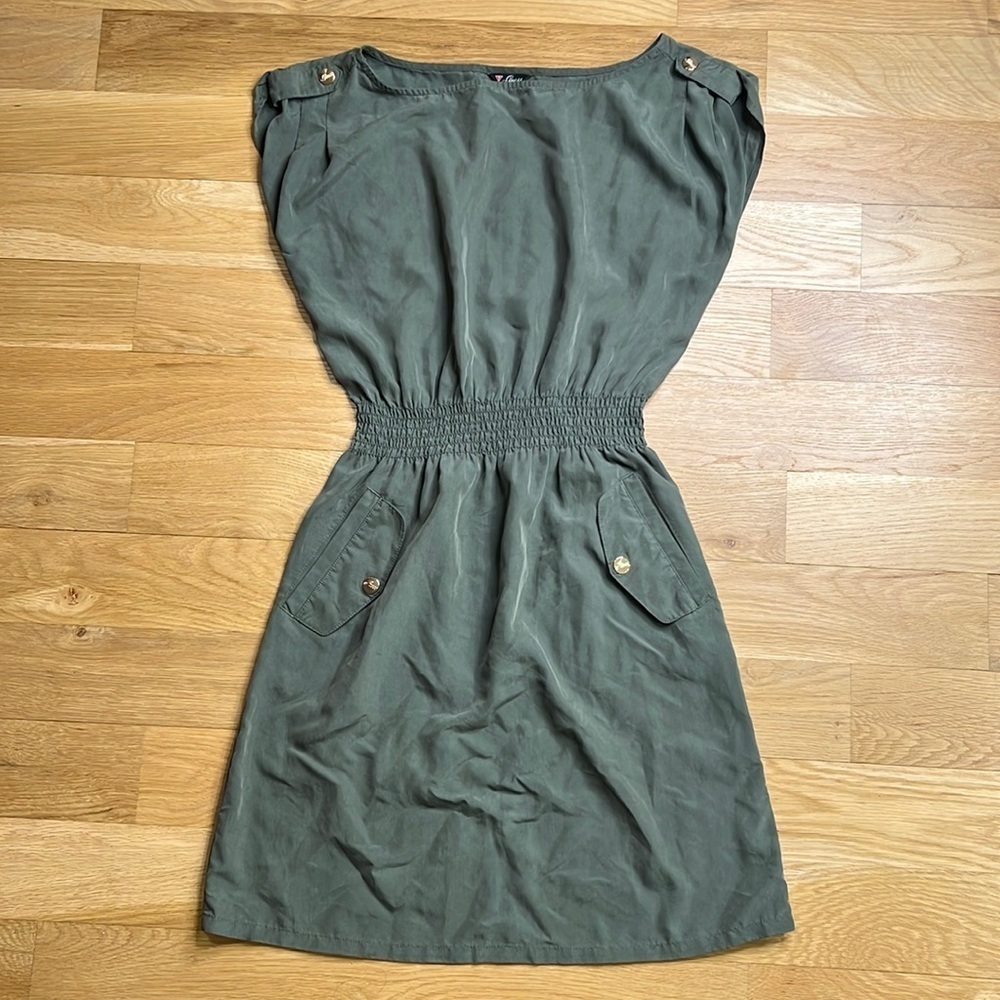 Guess Utility Mini Dress Army Green Elastic Waist Pocket Short Sleeve XS